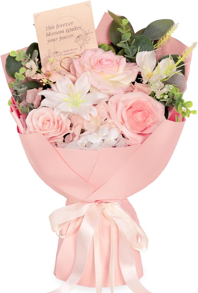 TINGE TIME Aritifical Flowers Bouquet, Pink Roses Gift Bouquet, Birthday Gifts for Women, Eternal Roses Bouquet for Grandma Wife Anniversary (PeachPink&White)