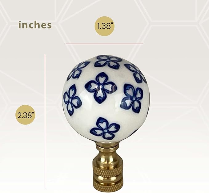 Royal Designs, Inc. White/Blue Porcelain Ball Ornament Design Finial for Lamp Shade, Polished Brass, Pack of 2