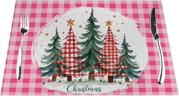 PVC Placemats Set of 6 Wipeable Table Mats Washable Heat Resistant Non Slip Vinyl Dining Table Mat for Kitchen Indoor Outdoor Patio Farmhouse Place Mats Pink Grid Christmas Tree Decorative