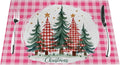 PVC Placemats Set of 1 Wipeable Table Mats Washable Heat Resistant Non Slip Vinyl Dining Table Mat for Kitchen Indoor Outdoor Patio Farmhouse Place Mats Pink Grid Christmas Tree Decorative