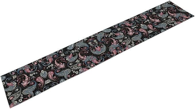 Bohemian Table Runner, Black Blue Pink Paisley Floral Boho Decor Table Runner for Kitchen Dining Home Party, 13x90 Inch