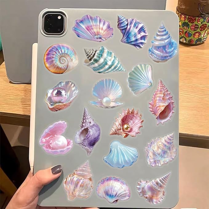 50 Pcs Sea Shell Stickers Waterproof, Transparent PET Aesthetic Stickers, Nautical Clam Shell Pearl Decals for DIY Crafts, Journals, Planners, Laptop & Water Bottle Decor