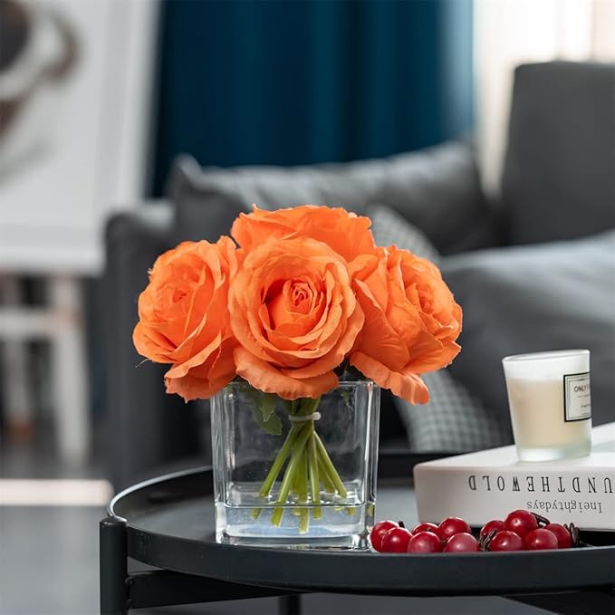 Silk Rose Artificial Flowers in Vase, Faux Floral Arrangement with Fake Water in Vase for Home Decor, Wedding Table (Orange)