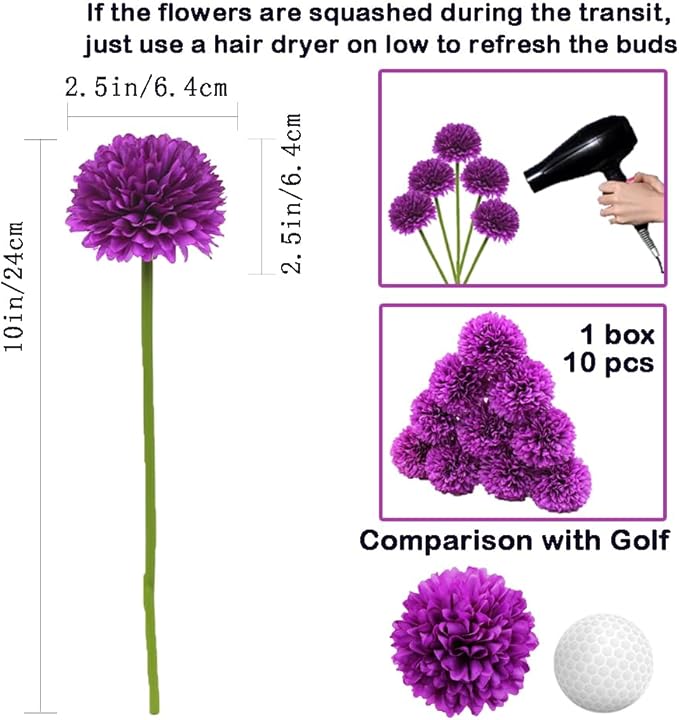 Blooming Paradise10Pcs Artificial Fake Flower Plants Silk Chrysanthemum Ball Hydrangea Arrangements Wedding Bouquets Decor Home Kitchen Garden Party Table Floral Centerpieces DIY (Dark Purple)