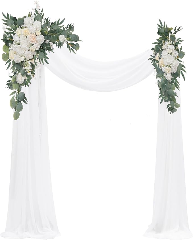 Floroom Arch Flowers with Drapes Kit (Pack of 4) - 2pcs Artificial Ivory & White Floral Swag Arrangement with 2pcs Draping Fabric for Wedding Ceremony Arbor and Reception Backdrop Decoration