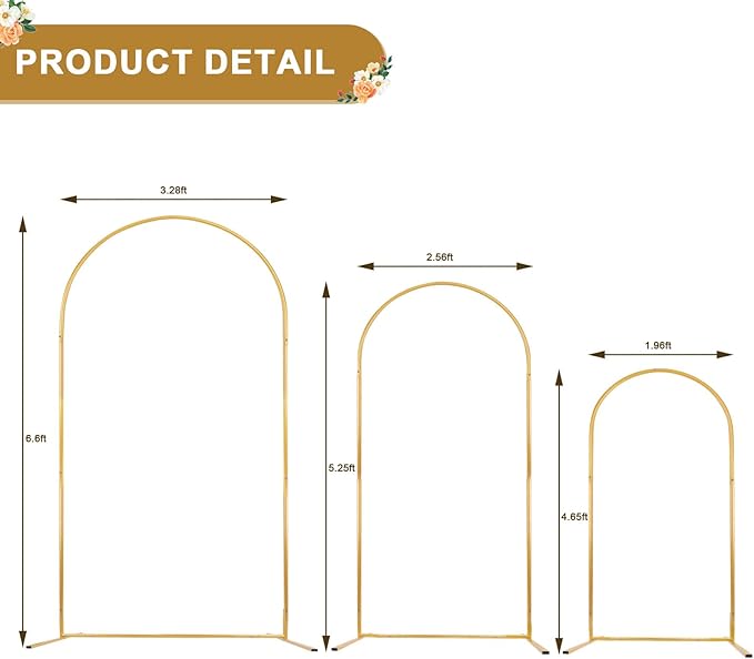 Metal Arch Backdrop Stand Set of 3 (6.6ft, 5.3ft, 4.7ft), Wedding Arch Frame Gold Arches Backdrop Stand for Ceremony, Birthdays, Baby Showers, Parties, Outdoor Indoor Celebration Decorations