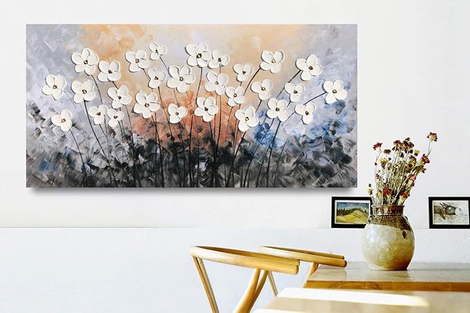 Yihui Arts Hand-Painted Oil Painting on Canvas Textured White Floral Wall Art Modern Horizontal Decor for Living Room Bedroom Office