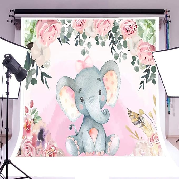 AOFOTO 10x10ft Pink Flowers Elephant Baby Shower Backdrop for Girl Sweet Floral Gender Reveal Background for Photography Kids Infant Birthday Party Banner Cake Table Decoration Photo Studio Props