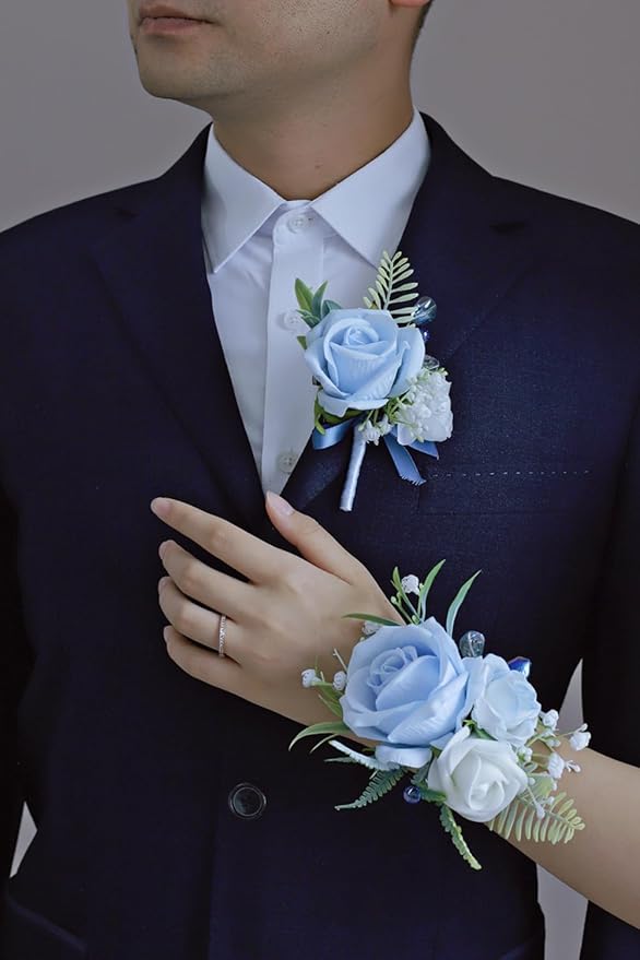 Dusty Blue Corsage and Boutonniere Set, Prom Wedding Homecoming Wrist Corsage Wristlet and Boutonniere Set for Grooms Groomsmen Guest Bridal Bridesmaid Artificial Flower Suit Decoration