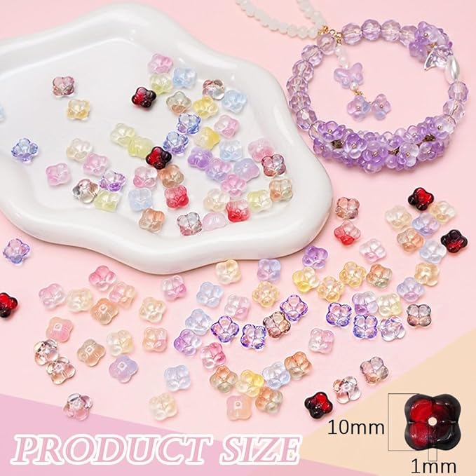 100PCS Glass Flower Beads for Jewelry Making 4 Petal Flower Bead Caps Gradient Cute Floral Beads Aesthetic Charms for Necklace Bracelets Earrings DIY Craft Home Decoration-Gold