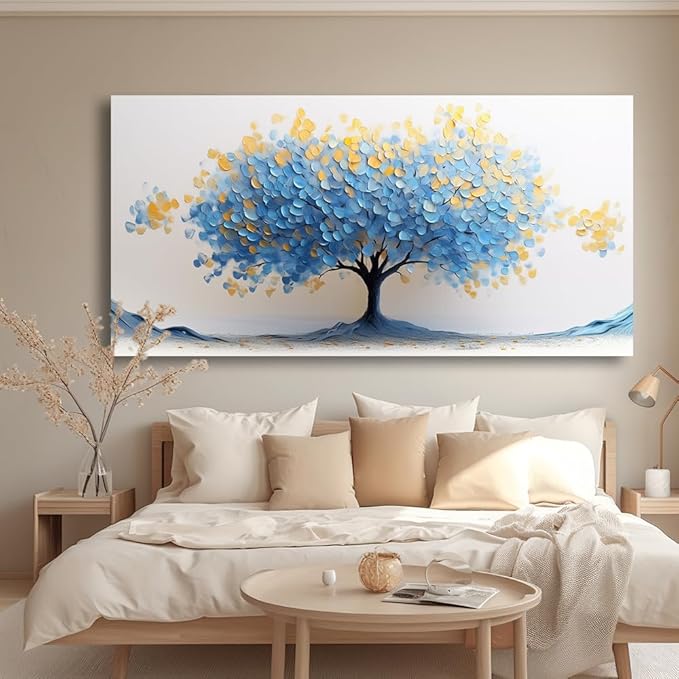 LAVIKARS Modern Tree of Life Wall Art for Living Room Office Navy Blue and Yellow Floral Abstract Landscape Canvas Painting Prints Large Nature Artwork Home Kitchen Bedroom Decor (16x30 Inches)