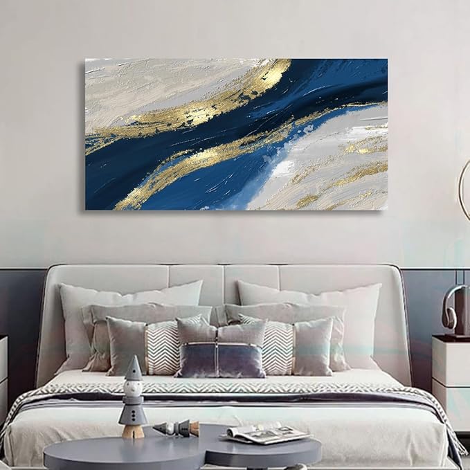 Abstract Canvas Wall Art for Living room Office Bedroom Golden Blue Wall Art Print Oil Paintings Modern Abstract River Texture Pictures Wall Decor Artwork Waterproof Ready to Hang - 70in * 35inch