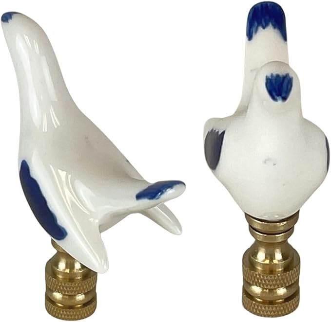 Royal Designs, Inc. Porcelain Bird Finial for Lamp Shade, Polished Brass, Blue & White, Pack of 2