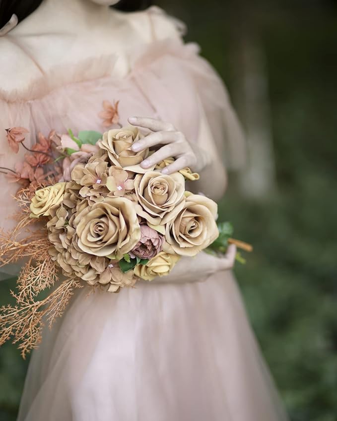LFF 10pcs Silk Roses Artificial Flowers Fake Long Stem Roses for DIY Wedding Bouquet Home Decoration (Coffee)