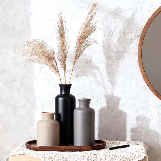 Ceramic Vase Set of 3 – Modern Neutral Vases for Home Decor, Rustic Farmhouse Pottery Vases for Pampas Grass, Dried Flowers, Centerpiece Table Decor, Living Room, Kitchen, Bedroom, Bathroom
