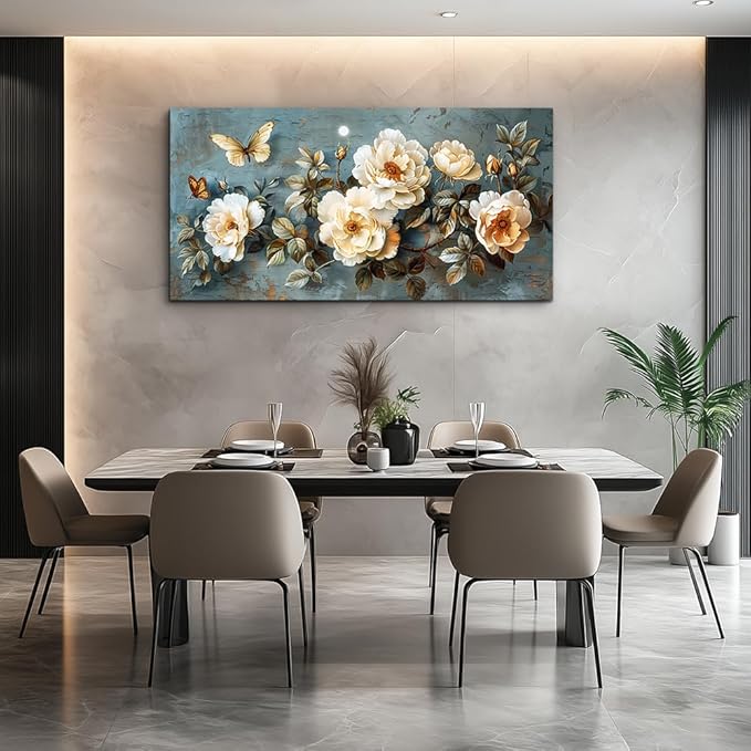 PHAOHUAXM Large Canvas Wall Art For Bedroom Wall Decorations For Living Room Office Decor Abstract Pictures White Flower Dining Room Painting Artwork Modern Framed Posters Home Decoration 24"x48"