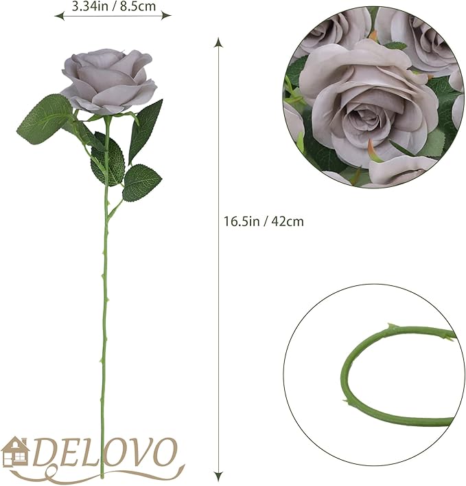 52pcs Grey Roses Artificial Flowers Fake Flowers Silk Roses with Stems for DIY Wedding Bouquets Bridal Shower Centerpieces Arrangements Party Decorations
