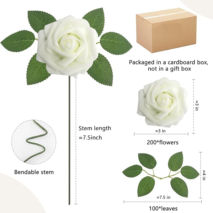 200PCS Milk White Artificial Flowers Roses Real Looking Foam Fake Roses with Leaves for DIY Wedding Bouquets Bridal Shower Party Decorations (Ivory, 200)
