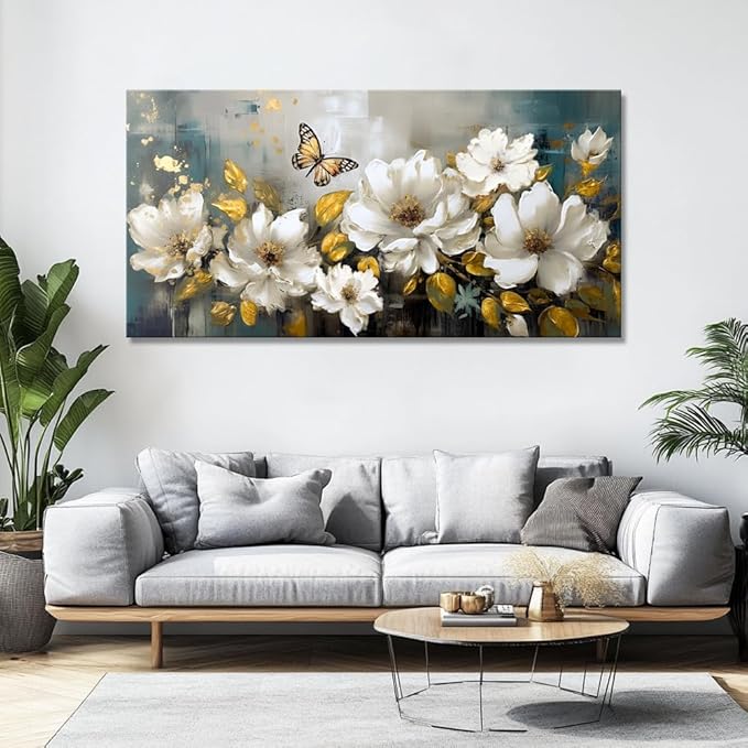vgrozirh Wall Art Modern Flower Artwork Paintings White Blossom Gold Leaf Butterfly Landscape Picture wall Decor for Living Room Bedroom Kitchen 71"x36"