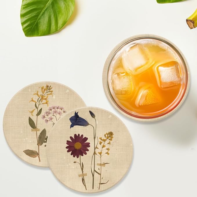 ANATTASOUL Coasters Set of 9 Vintage Flowers and Plants Pattern Colorful Wooden Coasters Bulk Round Housewarming Gift for New Home, 3.9" Decorative Coffee Table Protection for Farmhouse Bar Decor