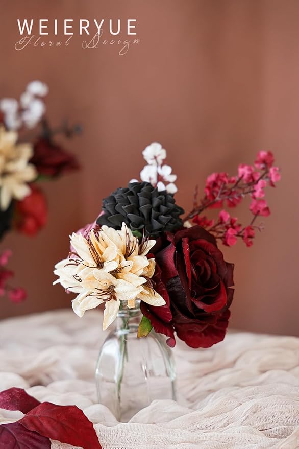 Artificial Flower Box Set Silk Fake Flowers DIY Center Cake Decoration Wedding Bouquet Corsage Home Decor Outdoor Decor Gift (Gothic Black and Red)