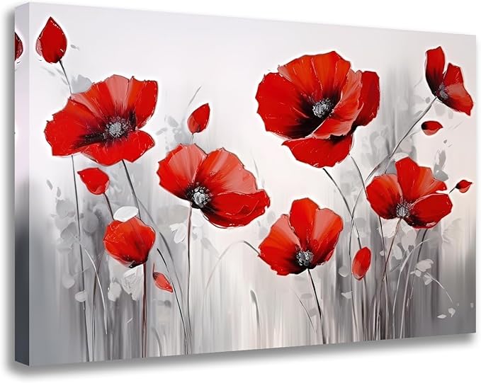 GLOKAK Red Poppies Wall Art - Modern Floral Red Poppy Flower on Grey Background Painting Poster Canvas Print Artwork For Home Bathroom Bedroom Decoration (20"x30")