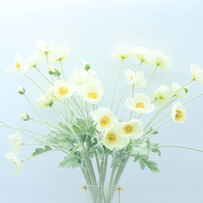 2 Pcs Artificial Fake Flowers Plants Poppies Silk Flower Arrangements Wedding Bouquets Decorations Plastic Floral Table Centerpieces for Home Kitchen Garden Party Decor Approx 23.6" High - White