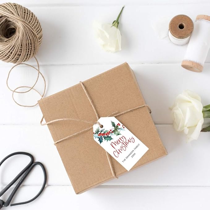 Andaz Press Personalized Christmas Holiday Season Classic Gift Tags, Merry Christmas Custom Family Name and Year, Watercolor Holly Branch Leaves Design, for Holiday Events, Parties, Favors, 60-Pack