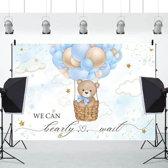 ChloropLastid We Can Bearly Wait Baby Backdrop Boy Bear Hot Air Balloon Baby Shower Photography Background Blue Balloons Clouds Stars Baby Party Cake Photo Decoration 10x8ft
