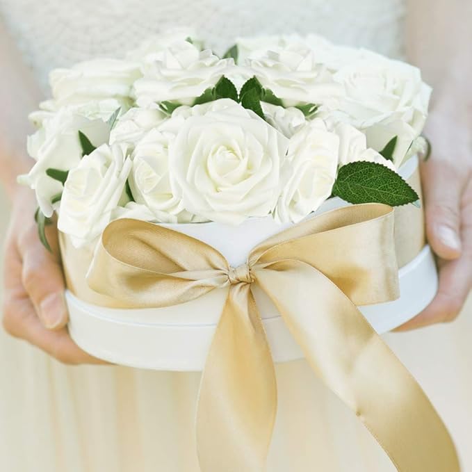 Mocoosy 50Pcs White Rose Artificial Flowers, Ivory Roses for Decorations, Real Touch Fake Rose with Stems Bulk DIY Wedding Bouquet Bridal Shower Centerpiece Faux Floral Arrangement Party Home Decor