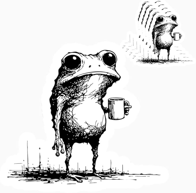 HANDICHI Design 5-Pack 5 Inch Funny Coffee Frog Stickers – Grunge Meme Vinyl Decals – Tired Frog Holding Coffee Cup Aesthetic Sticker Pack for Laptops, Water Bottles, Journals, and Scrapbooks