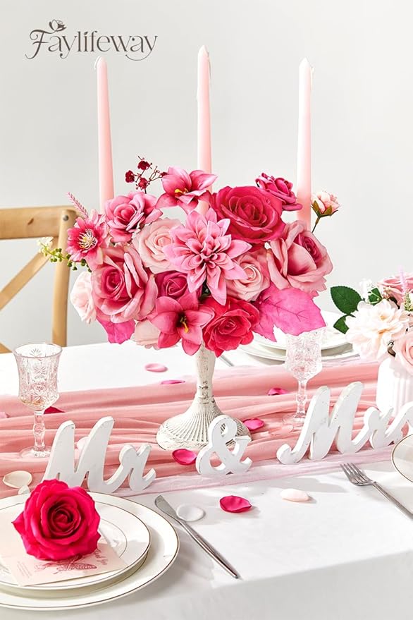 Artificial Flowers, Silk Hot Pink Flowers for DIY Wedding Bridal Bouquets, Fake Cake Flowers for Centerpieces,Baby Shower, Table Arrangement, Home Party Decorations
