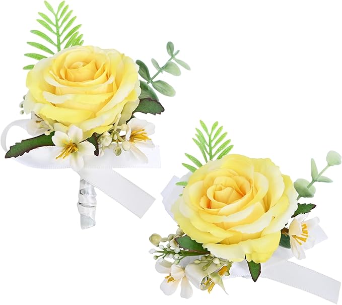 MAFELOE 2 Pieces Artificial Flower Wrist Corsage and Boutonniere Set, Groom Groomsmen Bride Bridesmaids Wedding Accessories Prom Party Suit Decorations - Yellow