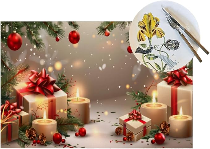 PVC Placemats Set of 4 Wipeable Table Mats Washable Heat Resistant Non Slip Vinyl Dining Table Mat for Kitchen Indoor Outdoor Patio Farmhouse Place Mats Christmas Candle Gift Decorative