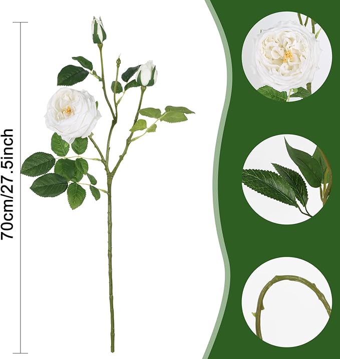 Real Touch White Austin Roses Peonies Artificial Flowers 4 Bouquets Latex Fake Peonies with Long Stem Realistic Faux Peony for Wedding Party Home Table Centerpieces Decorations (White)