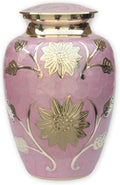 Pink Garden Brass Adult Cremation Urn | Unique Brass Funeral Urn with Gold & Pink Enamel Details | Large