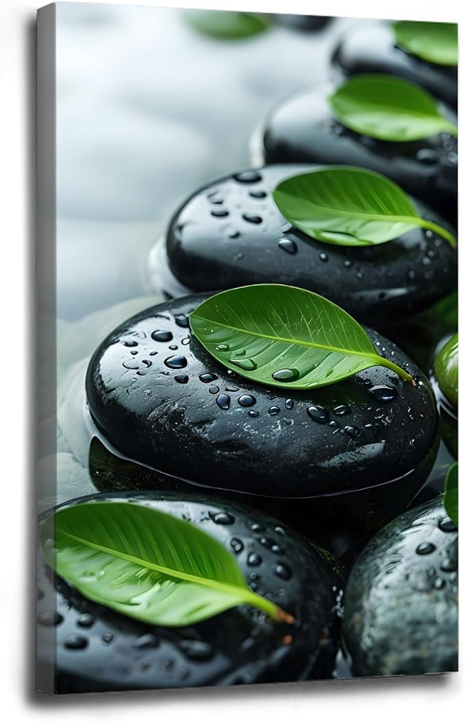 Glittering black stone cluster with fresh green leaves and water drops poster tranquil mist rain wall art zen wall art suitable for modern minimalist home decor 16x24in Wood Framed