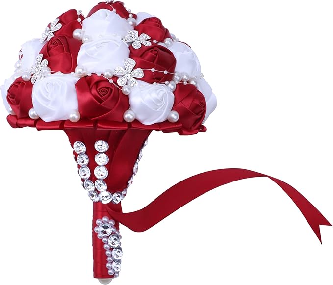 Handmade Wedding Flowers Bridal Bouquets Crystal Bride Holding Bouquet White Ivory Satin Roses with Diamond Pearl Ribbon.(WineRed)