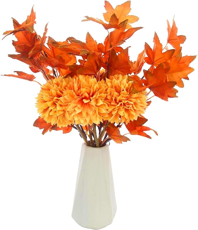Tinsow 12 Pcs Artificial Chrysanthemum Flowers Orange Faux Ball Flowers Autumn Mums Florals Wedding Bouquet for Fall Farmhouse Home Kitchen Decoration (12, Orange)