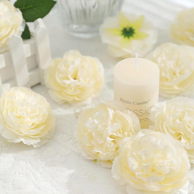12 PCS Artificial Silk Ivory Peony Flowers with Stems - 8 Inch Fake Peony Bouquet for Wedding, Home Decor, Office Table, Festival Gifts