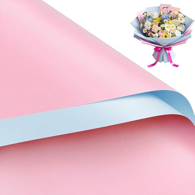 WRAPAHOLIC 20 Sheets Flower Wrapping Paper - 22.4 x 22.4 inch Pink Blue Color Water-Resistant Floral Bouquet Wrapping Paper, Florist Supplies Packaging for Wedding Birthday Gift DIY