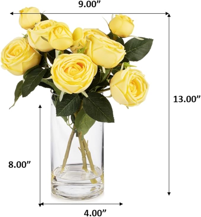 ENOVA FLORAL 9 Heads Silk Rose Artificial Flowers in Vase,Faux Rose Flowers Arrangement in Vase with Faux Water for Table Decor Centerpieces (Yellow)
