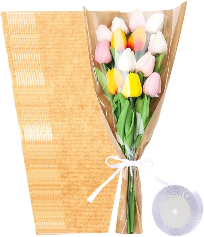 HSONAIGEE 50 Pieces Flower Bouquet Wrapping Paper, 17.7 x 9.5 Inch Small Flower Bags for Bouquets Kraft Floral Wrap Sleeves with Ribbons for Home Mother’s Day Wedding Flower Bar Supplies