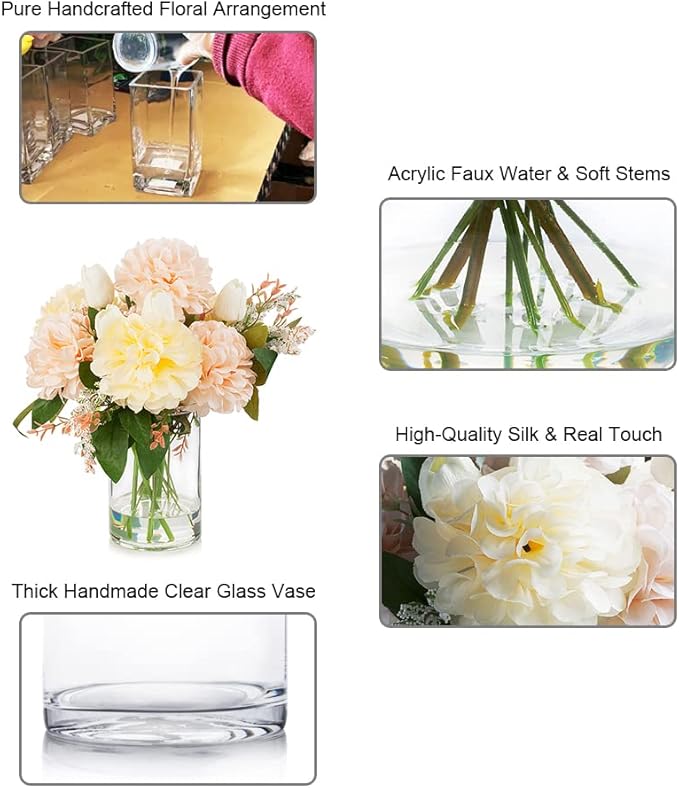 ENOVA FLORAL Artificial Tulips Flowers in Vase, Artificial Flowers Tulips Real Touch and Dahlia Silk Flower in Vase for Dining Table Decoration Wedding, Home Decor Indoor (Cream Pink)