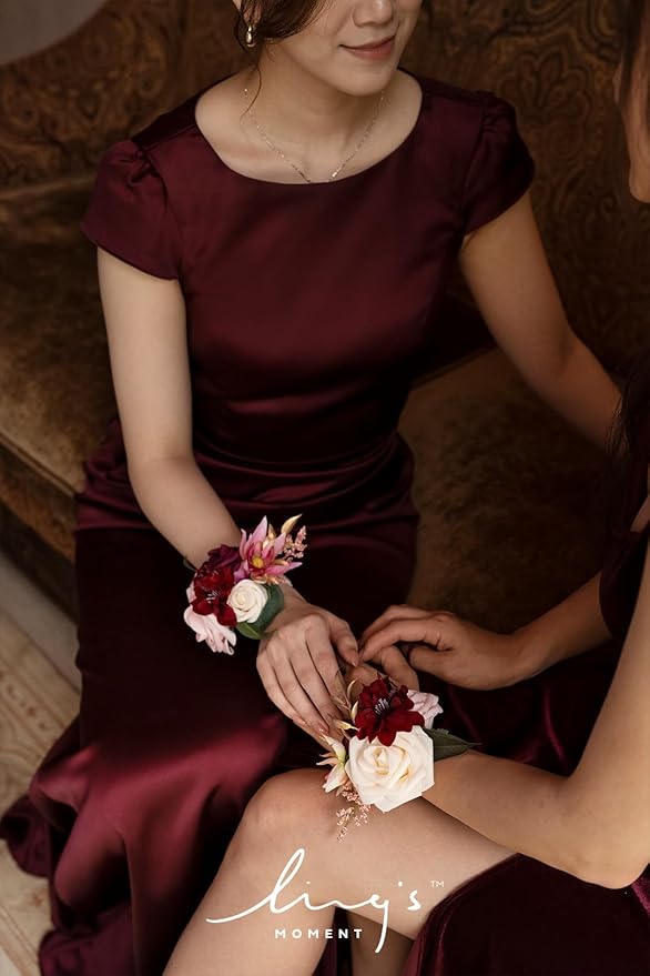 Ling's moment 6pcs Wedding Wrist Corsage Artificial Flowers, Girl/Mother Homecoming Prom Corsages Wristlet Décor, etc. Burgundy Marsala Blush