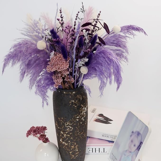Natural Dried Pampas Prairie Bouquet, 17 "Natural Dried Bouquet, Purple Pampas and Millet Flower Mixed Bouquet Bohemian Style Family Wedding Dried Flower Decoration