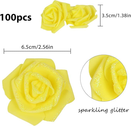 100pcs Yellow Glitter Roses - 2.56" Foam Glitter Flowers - Fake Roses for Bridal Shower Centerpieces & DIY Wedding Flower Arrangements