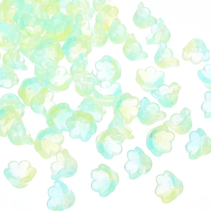 PATIKIL Glass Trumpet Flower Beads, 200 Pcs Gradient Flower Bead Charm for Jewelry Making DIY Craft, Bracelets, Earrings, Necklaces Decorations, Yellow, Green