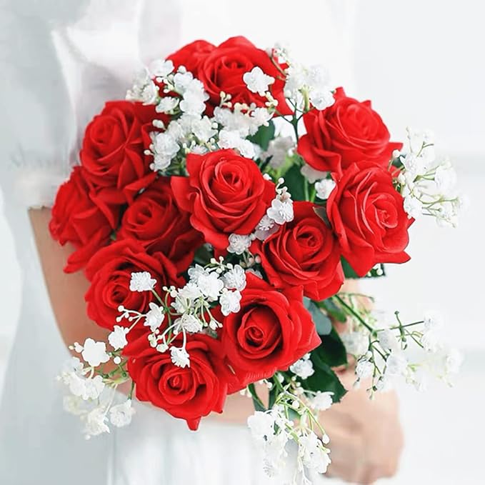 Jasion Artificial Roses 10 Heads Faux Flower Arrangement Silk Bouquet for Home Office Parties and Wedding Decoration (Red)