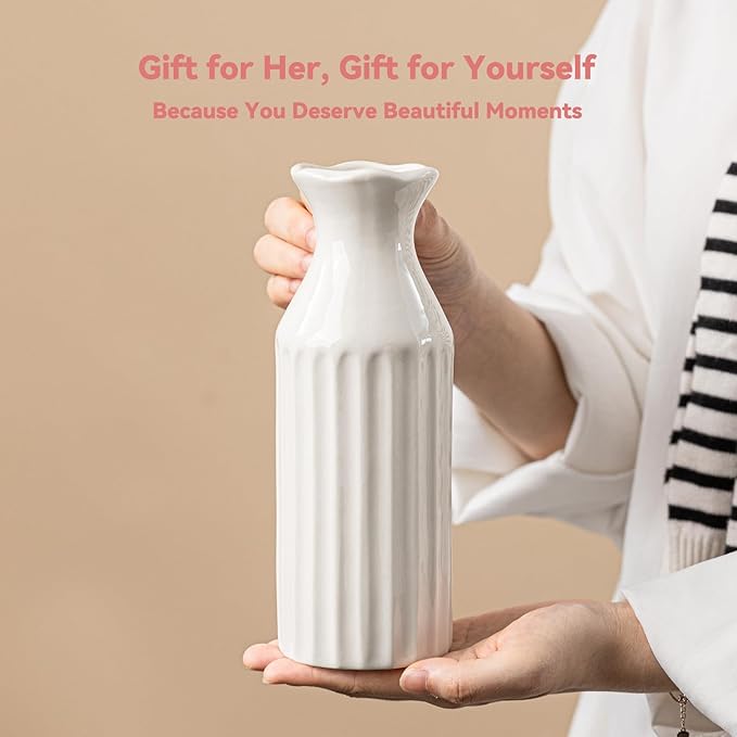 White Ceramic Vase - 8.3" Unique Flower Vase with Vertical Ribbed Texture, Decorative Boho/Farmhouse Vase for Living Room, Office Desk & Housewarming Gift (for Her/Yourself)